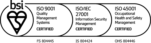 BSI ISO 9001, ISO/IEC 27001, ISO 45001 Certified