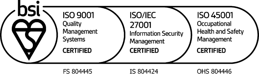 BSI ISO 9001, ISO/IEC 27001, ISO 45001 Certified
